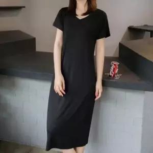 베이직 마실룩 캐주얼 홈웨어 무지 롱원피스 반팔