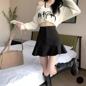 [하프클럽/]블랙 하이웨스트 투단추 물결 프릴 속바지 스커트