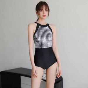 [JHPPQTQQ_53DR]하운드 체크 패턴 수영복 패드내장 검흰