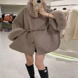 여성 망토코트 양모 롱코트 양털 퍼울 코트 여우털 겨울 털코트