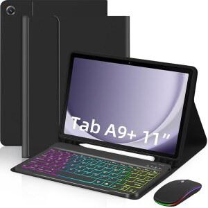 삼성 갤럭시 탭 A9 플러스 11인치(SM-X210/X215/X216/X218), 태블릿 A9+ 5G 블랙용 펜 슬롯이 있는 7색 무지개 백라이트 탈착식 USB-C 키보드 마그네틱 케이스 포함 EAMPANG