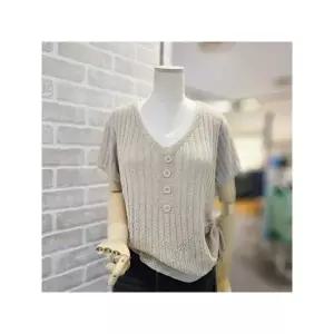[하프클럽/레코브]  SB41F9KN020X 브이 배색 셔링 반팔 니트