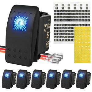 DaierTek 해양용 보트 로커 스위치 12V, 라이트 블루 LED 방수 12볼트, UTV RZR용 SPST 3핀 ON/OFF 20A 중장비용, 나이트 글로우 스티커 포함
