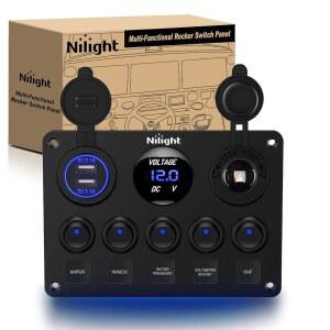 Nilight 5 갱 멀티 기능 로커 스위치 패널 온/오프 SPST 토글 | 12V / 20A 24V 10A 듀얼 USB 충전기 LED 전압계, 라이트 바용, 트럭 RV 보트용 4X4 블루 후면