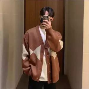 니트 남성가디건 패턴 브이넥 간절기 아가일 루즈핏