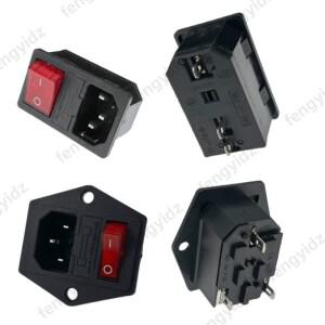 IEC320 C14 전기 AC 소켓 3핀 빨간색 LED 250V 로커 스위치 10A 퓨즈 암수 입력 플러그 커넥터 내장형 마운