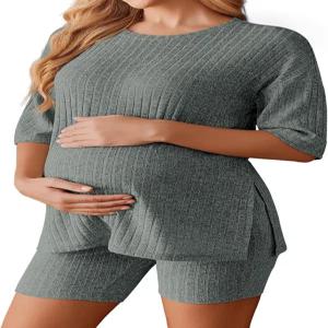 에쿠아머 임산부 세트 2피스 라이프티드 레깅스 라운지웨어 분리형 사이드 임부 셔츠와 조절 가능한 바이커