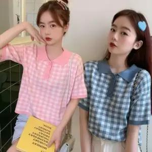 오너클랜 유니크 레이디스 반크롭스타일링 큐트 체크패턴 칼라 여름철 니트탑 미니티 반소매 빅핏