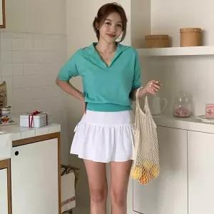 여성 잔골지 빅사이즈 오픈 카라 반소매 니트 스웨터