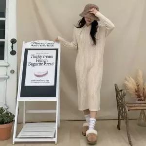 여성 롱 후디 꽈배기 캐쥬얼 스웨터 원피스 니트 후드