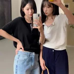 핫핑 [러블리/고퀄원단] 제이키 포인트버튼 체크배색 헨리넥 반팔니트티
