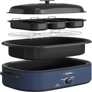 Sunvivi 24QT 전기 로스터 오븐 블루 셀프 베이싱 뚜껑이 있는 팬 150-450°F 온도 조절 해동 및 예열 기능
