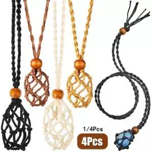 1/4Pcs 목걸이 코드 빈 돌 홀더 석영 수정 조절 가능한 케 땋은 메시 포켓 펜던트 로프