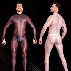섹시한 남성 바디 슈트 반짝 이는 광택 스타킹 긴 소매 고탄력 점프 이국적인 레오타드 얇은 쉬어 Catsuit