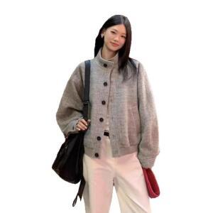 여성 그레이 쇼트 모직 코트 가을 빈티지 도톰 차이나 재킷 상의