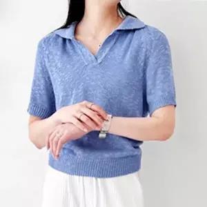 데일리니트 심플 오픈 카라 타입 여자 데일리 반팔 니트티