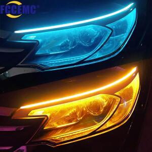 2pcs LED DRL 자동차 주간 러닝 라이트 유연한 방수 스트립 헤드 흰색 회전 신호 노란색 브레이크 흐름 조