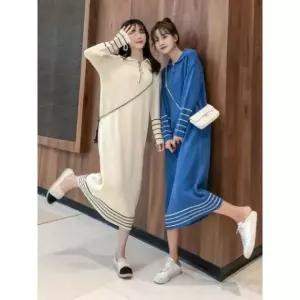 [STYLELUX]F05181 루즈핏 큐티 배색 넥지퍼 카라 롱니트 원피스