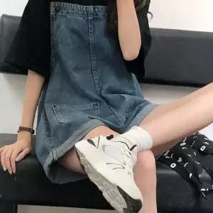 (다올)여성 중청 데님 멜빵바지 빅포켓 롤업 청반바지