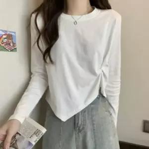 여성 심플 사이드 셔링 간절기 레이어드 꼬임 언발란스 롱슬리브 티셔츠