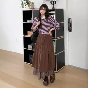 골덴 밴딜 코호이 체크 롱스커트 레이어드