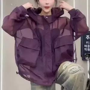 플러스 사이즈 유럽 스타일 시스루 슬리밍 후드 UV 보호 자외선 차단 의류 긴 소매 보라색 다용도 여름 탑