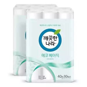 깨끗한나라 에코 베이직 화장지 40m 30롤 2팩