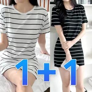 미니 스트라이프 원피스 여성 여자 캐주얼 여름 스커트 드레스 미니스커트 반팔 1+1