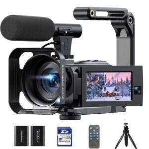 캠코더 비디오 카메라 5K 56MP - 야간 투시 기능과 16배 디지털 줌, 3인치 270 플립 터치스크린, 64GB 카드, 마이크, 리모컨이 포함된 유튜브용 듀얼 렌즈 브이로깅 카메라, 콘텐츠 크리에이터용 비디오 레코더