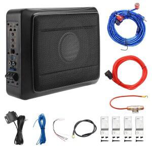 Junsun 10인치 1200W 슬림 언더시트 서브우퍼, 내장 앰프 포함 | (300W RMS) 조절 가능한 로우패스 / 게인 / 베이스 부스트, 트럭 및 SUV의 딥 베이스를 위한 하이/로우 레벨 입력 및 배선 키트 포함