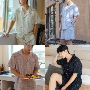 [기타브랜드]남자 면잠옷 상의 반팔 하의 5부 파자마 바지 시원한 잠옷 한벌 세트 여름잠옷