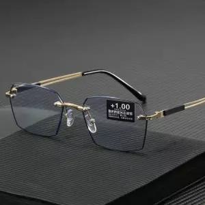 남자를위한 새로운 Rimless 색상 변경 노안 안경 고화질 중년 및 노인 고급 안티 블루 라이트 피로 방지