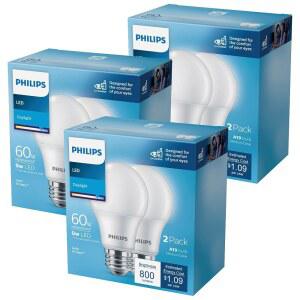 필립스 LED 프로스팅 논디머블 A19 전구 - 6팩 컴포트 플리커 프리 9W = 60W 800루멘 일광(5000K) E26 베이스 실내