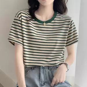[라일리여성의류] Rly 배색넥 가로줄무늬 루즈핏 반팔티 여성 레트로 캐