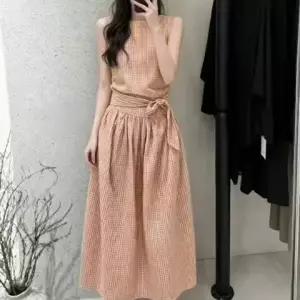 [아리엘스타일]체크패턴 리본포인트 썸머원피스 피치랑원피스