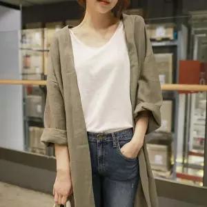 여성 봄 여름 데일리 린넨 롱 가디건 편안한 아우터