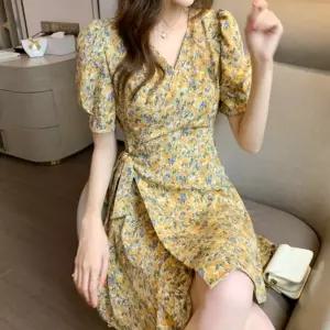 여성 노란색 꽃무늬 랩원피스 프릴 브이넥 봄 여름 꽃무늬원피스 여름원피스 반팔원피스 노란색원피스