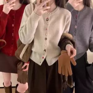 여성 라운드 넥 봄 가을 꽃 자수 니트 가디건 여자 봄가디건 꽃자수 꽃가디건 여성봄