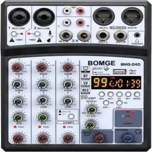 BOMGE 04D 초경량 휴대용 4채널 오디오 믹서 USB/블루투스 지원 DJ 사운드 보드 48V 팬텀 파워 99 DSP