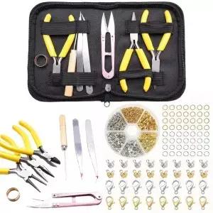 노란색 보석 제작 도구 세트 DIY 수제 가방 핸드 플라이어 가위 핀셋 점프 링 오프너 포함