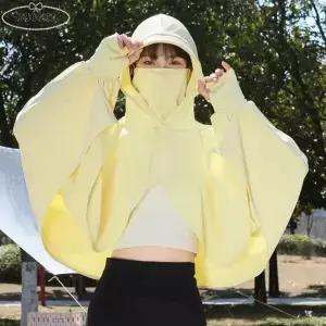 솔리드 컬러 3 in 1 썬스크린 후드티 긴팔 UV 차단 페이스 마스크 모자 숄 얇은 루즈핏 여름 실크
