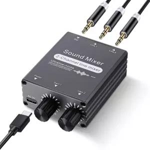 호힌 2채널 스테레오 오디오 믹서 3.5mm 2인치 1아웃 미니 듀얼 볼륨 컨트롤 5V USB 전원 금속 하우징 PC폰