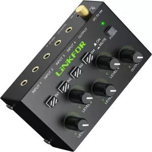 LiNKFOR 4채널 3.5mm 오디오 믹서 스테레오 지원 RCA 입력 및 출력 미니 액티브 별도 볼륨 조절 기능 포함