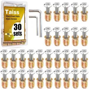 Taiss 30 세트 M6x25mm 가구용 나사 너트 나무 나사산 인서트 볼트 패스너 커넥터 육각 스패너 포함 소켓