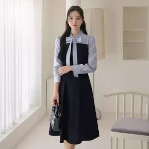 시크라인 XXL까지) 니엘비 스트라이프 배색 타이넥 원피스 가을 하객룩 오피스룩 데이트룩 격식룩 빅사이즈