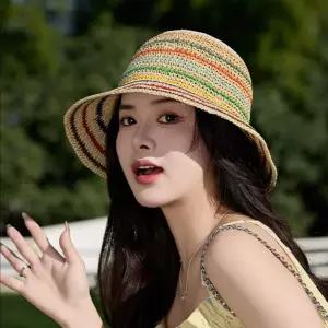 레인보우 바닷가 밀짚모자 모자 해변 휴양지 프리사이즈 여성용