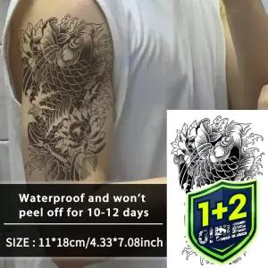 [1+2] 잉어 물고기 팔 방수 임시 문신 스티커 1-2주 동안 지속되는 현실적인 반영구적 가짜