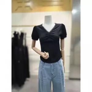 일부수량 [에고이스트] 레이스 패치 V넥 셔링 티셔츠 ES2JT600BK 2798348
