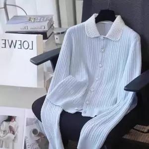 둥근카라 니트 가디건 배색 긴팔 케이블 꽈배기 단추 러블리