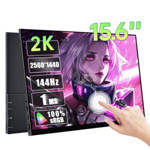 15.6 인치 2K 144hz 터치스크린 휴대용 모니터 2560x1440P HDR 100% sRGB 프리싱크 1ms IPS 스크린 숨겨진